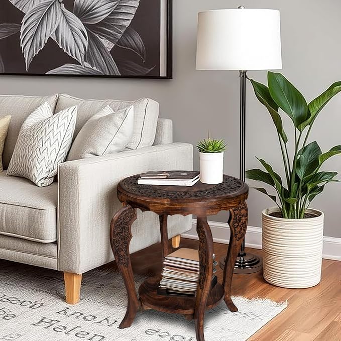 Farmhouse Round Accent End Table, Rustic Side Table Nightstands - Image 2