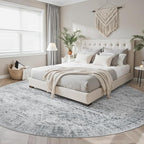 Soalmost Round Rugs 9ft Living Room Circle Area Rug 9x9 Grey Vintage | Washable - Image 2