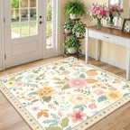 RELEANY Floral Washable Square 4ft Area Rug Beige/White/Orange | Flower Carpet by RELEANY