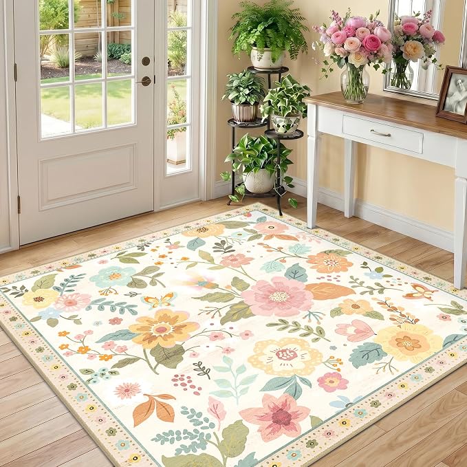 RELEANY Floral Washable Square 4ft Area Rug Beige/White/Orange | Flower Carpet by RELEANY