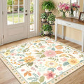 RELEANY Floral Washable Square 5ft Area Rug Beige/White/Orange | Flower Carpet by RELEANY
