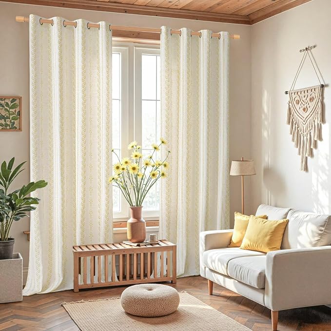 BGment Mustard Yellow Vintage Floral Linen Curtains - Image 2
