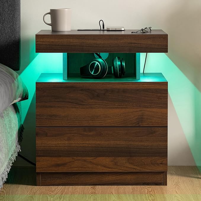HOMMPA Rustic Nightstand with Wireless Charging Station LED Bedside Table with - Image 3