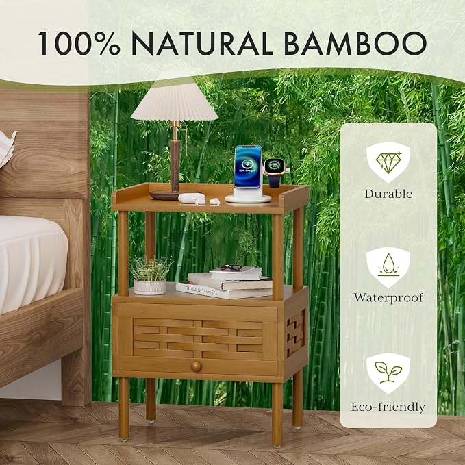 Amazer Walnut Nightstand with Charging Station, Bamboo Night Stand - Image 6