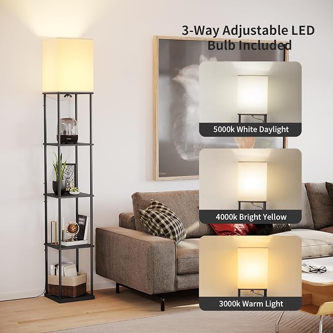 SUNMORY 5 Tier Floor Lamp with Shelves, Modern Square Standing Lamp with 3 - Image 2