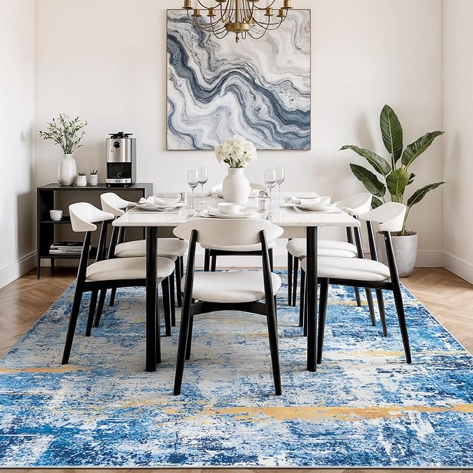 Rugflix 8x10 Area Rugs for Living Room, Washable Sky Blue Gold Large Rug | - Image 3