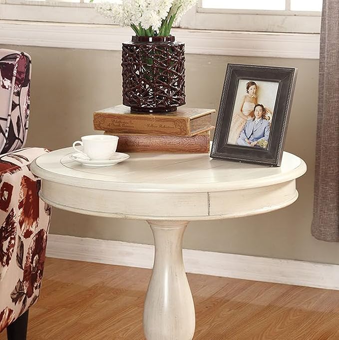 Roundhill Furniture Rene Round Wood Pedestal Side Table, Antique White - Image 3