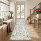 PLHXFR 2.6x14 Washable Runner Rug：Floral Indoor Kitchen Carpet Green Beige | - Image 3