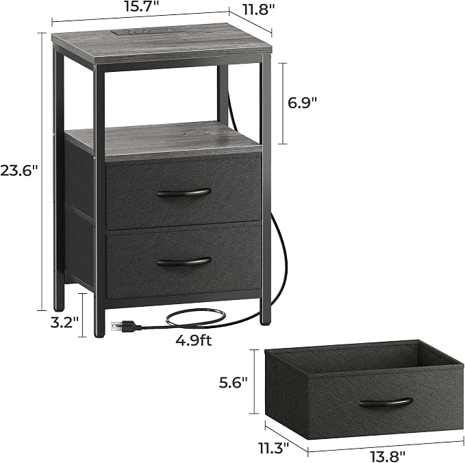 Huuger Nightstand with Charging Station, Side Table with Fabric Drawers - Image 7