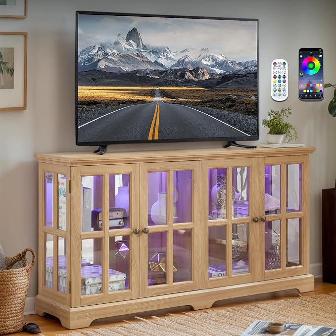 59" W LED Curio Cabinet with 7 Color Lights, Vintage Glass Display Case with by CKEASEANFurniture