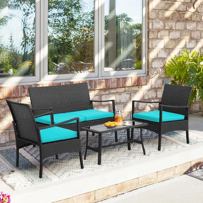Tangkula 4 Pieces Rattan Conversation Set, Patio Sofa Couch Set - Image 2