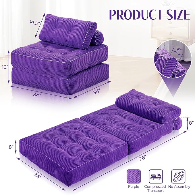 HABUTWAY Folding Sofa Bed, Convertible Sleeper Chair Bed w/Dual-Pillow & Handle - Image 2