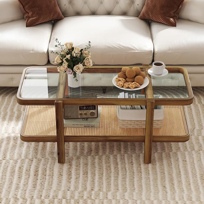Giantex Rattan Coffee Table, 47.5" Rectangle Solid Wood Tea Table w/Tempered - Image 8