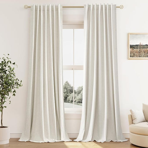 100% Blackout Linen Curtains for Bedroom 94 Inches Long Natural Cream Black Out by Guken