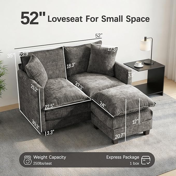 52'' Loveseat Sofa with Ottoman, Cloud Sofa Couch with 27" Deep Seat & 2 Pillows - Image 2