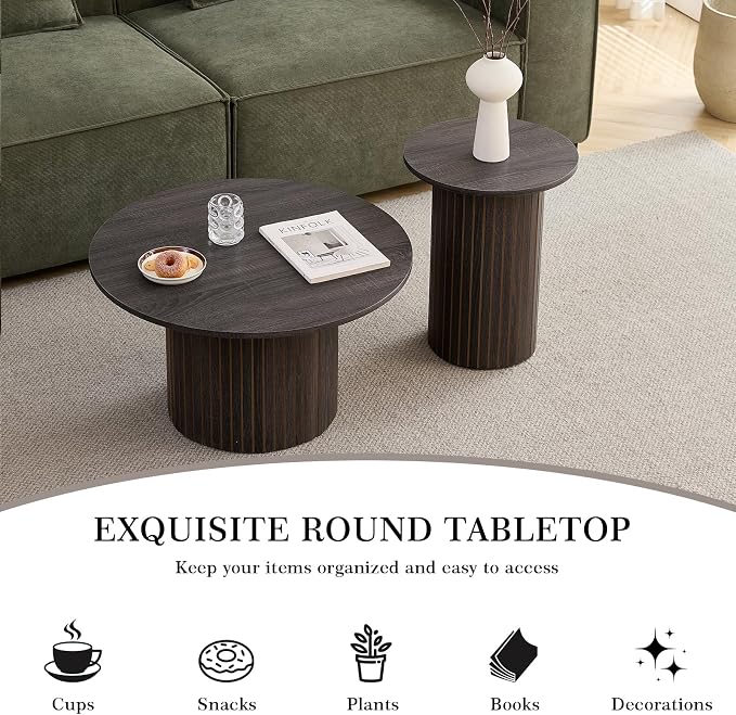 Round Nesting Coffee Table Set of 2 Mid Century Modern Wood Round Coffee Tables - Image 7