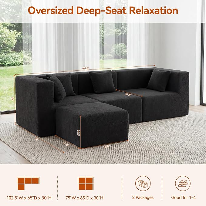 MONVANE 103'' Modular Sectional Sofa, Comfy Teddy Velvet Cloud Couch - Image 3