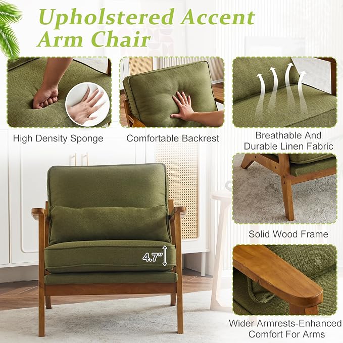 VINGLI Solid Wood Wide Armrests Accent Chair, Upholstered Mid Century Modern - Image 5
