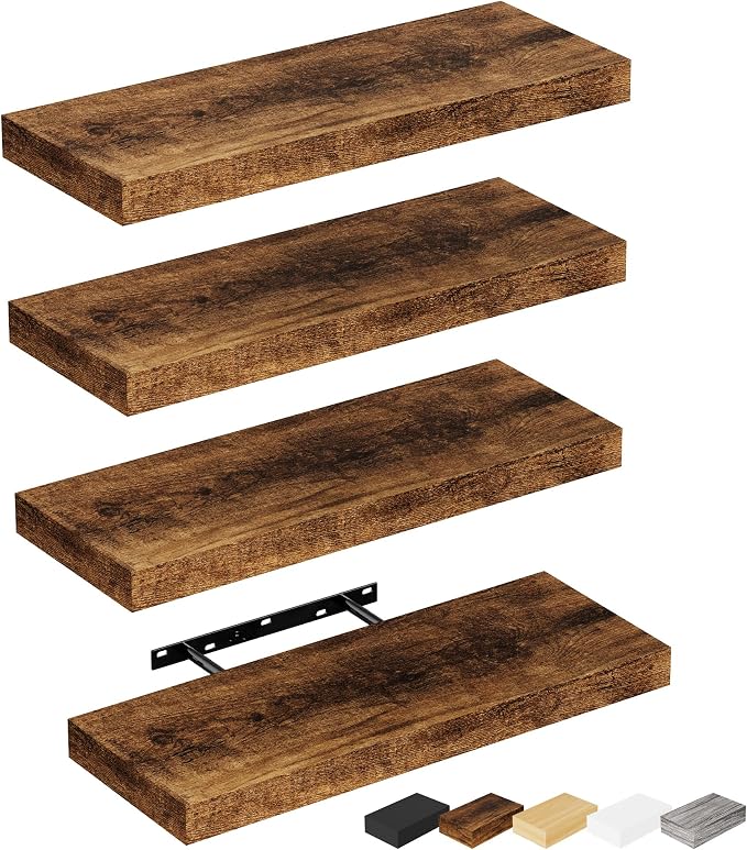 Bellsal Floating Shelves for Wall, Rustic Brown Wood Wall Shelf Set of 4 by Bellsal