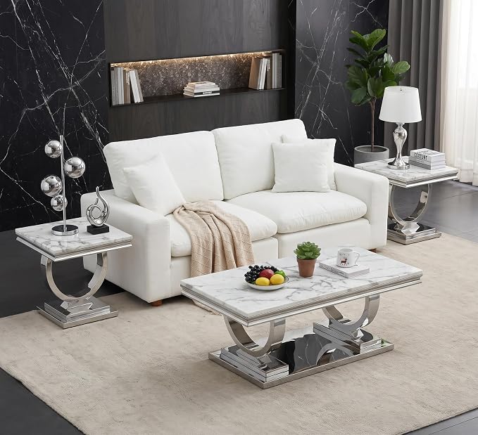 Henf Marble End Table Modern White Faux Marble Sofa Side Table - Image 5