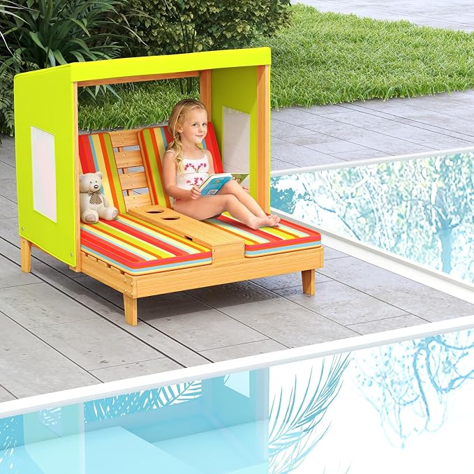 HONEY JOY Kids Chaise Lounge Chair Outdoor, Toddler Wood Double Pool Lounger - Image 9