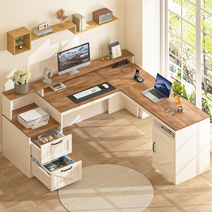 YOMILUVE 63" Farmhouse L Shaped Executive Desk - Image 4