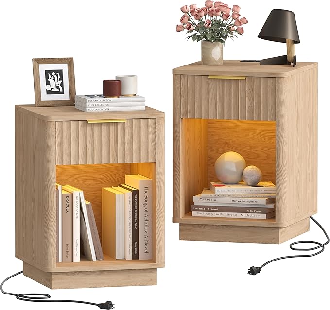 Akxomel Fluted Nightstands Set of 2, Wooden Night Stand by Akxomel