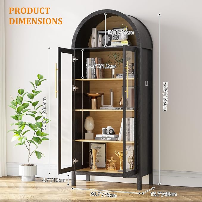 HWB Display Curio Cabinet with Glass Doors, Arched Bookcase 5-Tier Tall Storage - Image 2