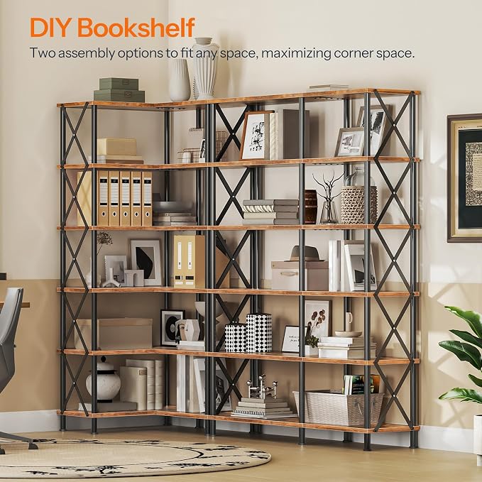 HOOBRO Corner Bookshelf, 6-Tier L-Shaped Bookcase, Industrial Open Display - Image 5