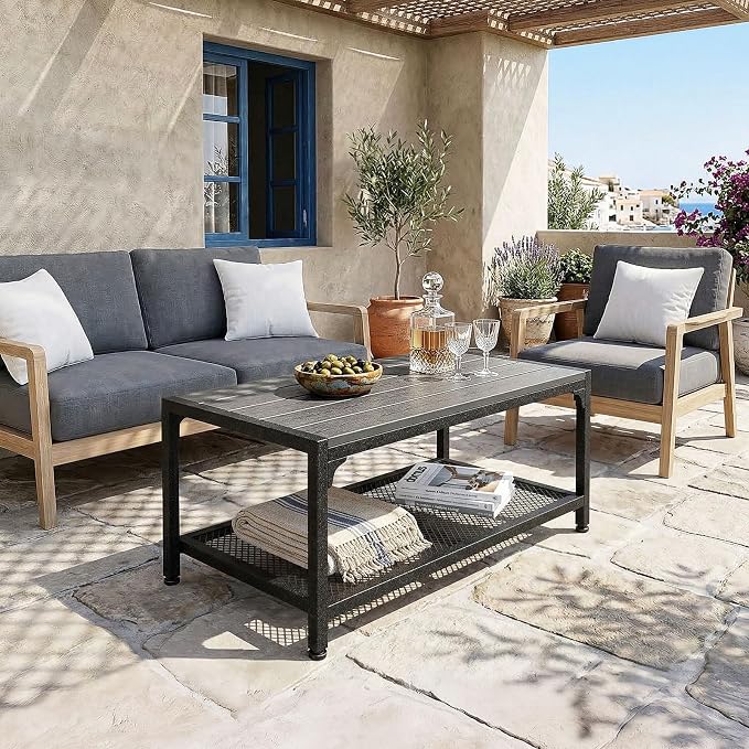 ODK Outdoor Coffee Table with Double-Layer Storage, Rectangle Weather-Resistant - Image 2