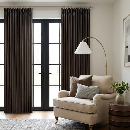 102 Inch Pinch Pleat Linen Dark Brown Semi Sheer Modern Curtains 2 Panels | 102 by Twodrapes