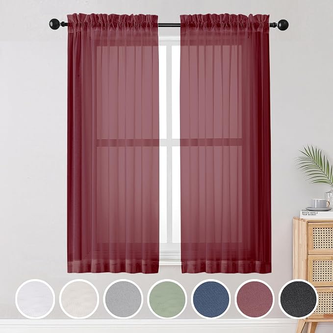 Sheer Curtains 54 inches Long 2 Panels Set, Rod Pocket Curtain Sheers by OWENIE