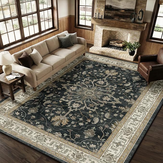 RELEANY Washable Area Rug, Water Repellent, Pet Friendly, Vintage Floral Boho by RELEANY