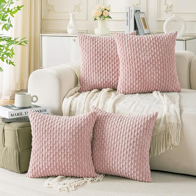 Set of 4 Light Pink Decorative Throw Pillow Covers 22x22 Inch Corduroy Pillow by Cozoomy