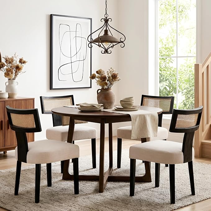 HNY Mid Century Modern Rattan Dining Chairs Set of 4, Farmhouse Linen by HNY