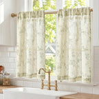 Green on Beige Linen Kitchen Curtains Rod Pocket 26W X 36L 2 Panels | Elisa by Lazzzy