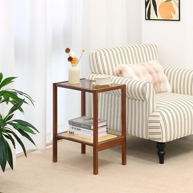 2-Tier Bamboo Side Table, Modern Glasstop Rattan Side Table, Mid Century Wood - Image 5