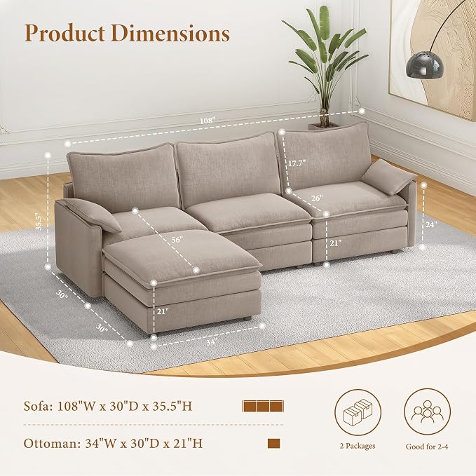 Vesgantti 108" Modular Sectional Sofa, Comfy Cloud Couch - Image 2