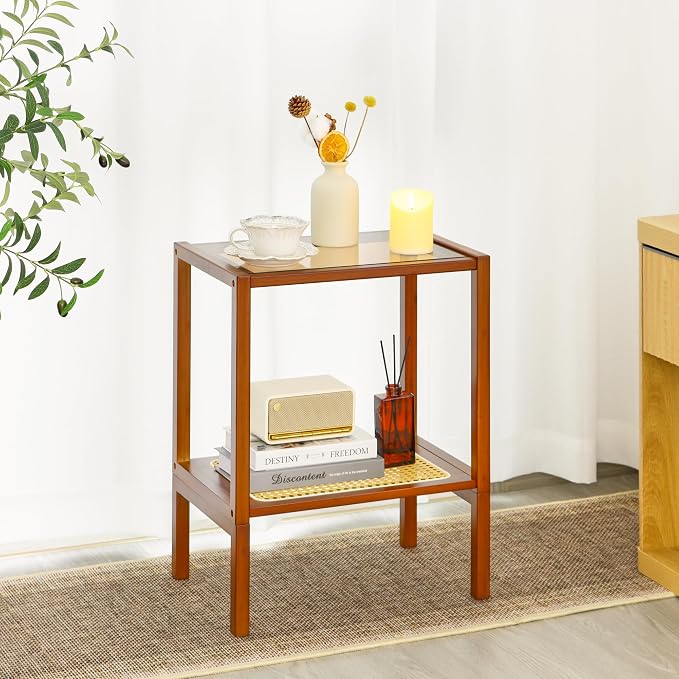 2-Tier Bamboo Side Table, Modern Glasstop Rattan Side Table, Mid Century Wood - Image 6