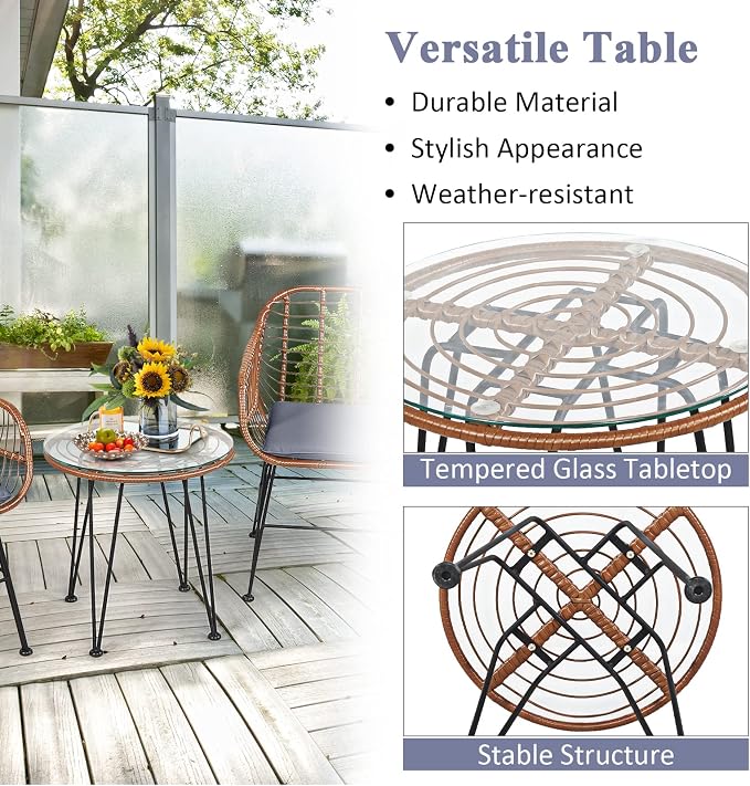Tangkula 3 Pieces Patio Conversation Bistro Set, Outdoor Wicker Furniture - Image 6