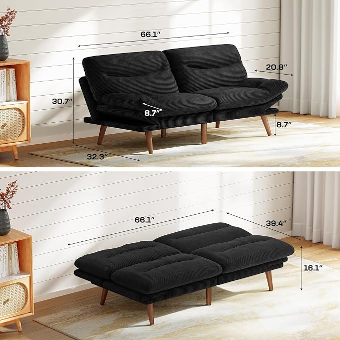 Marsail 66" Futon Sofa Bed, Convertible Corduroy Futon Couch - Image 2