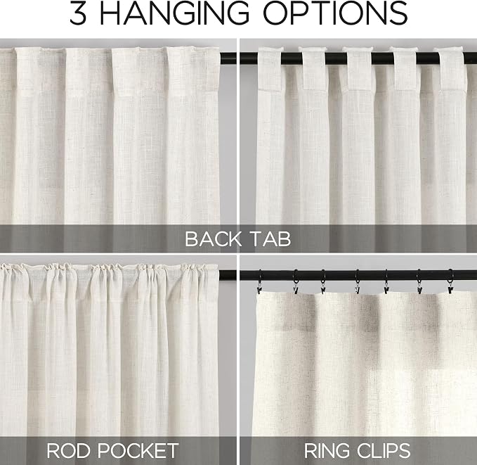 Cream Semi Sheer Curtains 96 Inches Long Back Tab Pocket Ivory Linen Living - Image 3