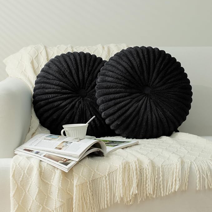 HIG Set of 2 Black Flannel Decorative Round Pleated Throw Pillows | Vintage by HIG