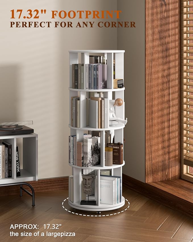 4-Tier Solid Wood Rotating Bookshelf on Wheels, 360° Spinning Book Shelf Tower - Image 6