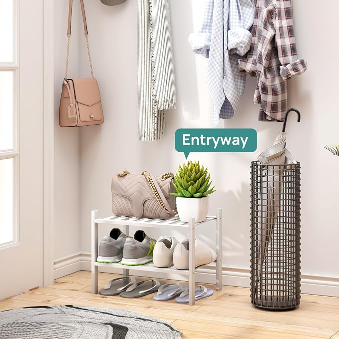 viewcare White Small Shoe Rack for Entryway, 2-Tier Bamboo Shoe Organizer for - Image 2