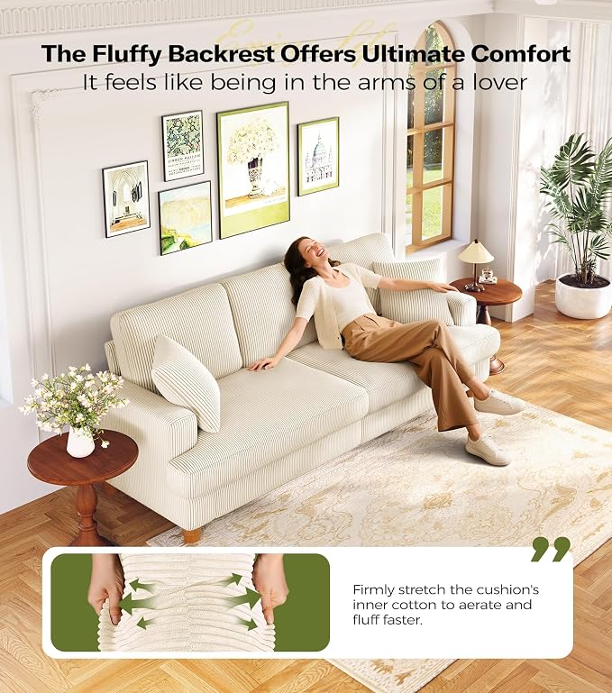 87in Corduroy Couch, Kidirect Sofa No Tool Assembly, Comfy Couches - Image 3