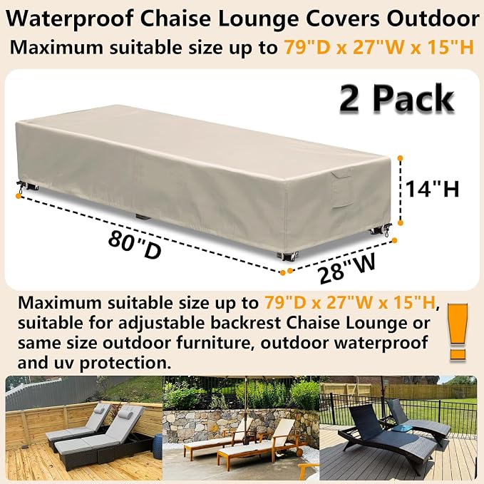 Outdoor Chaise Lounge Cover 2 Pack Patio Lounge Chair Covers Waterproof 600D - Image 2