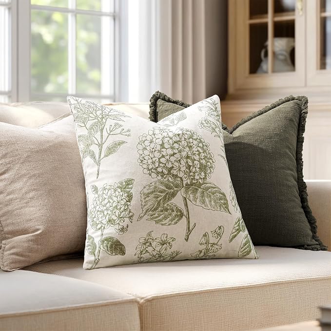 Set of 2 Decorative Floral Pillow Covers 18x18 Inch Light Green | Neutral - Image 3