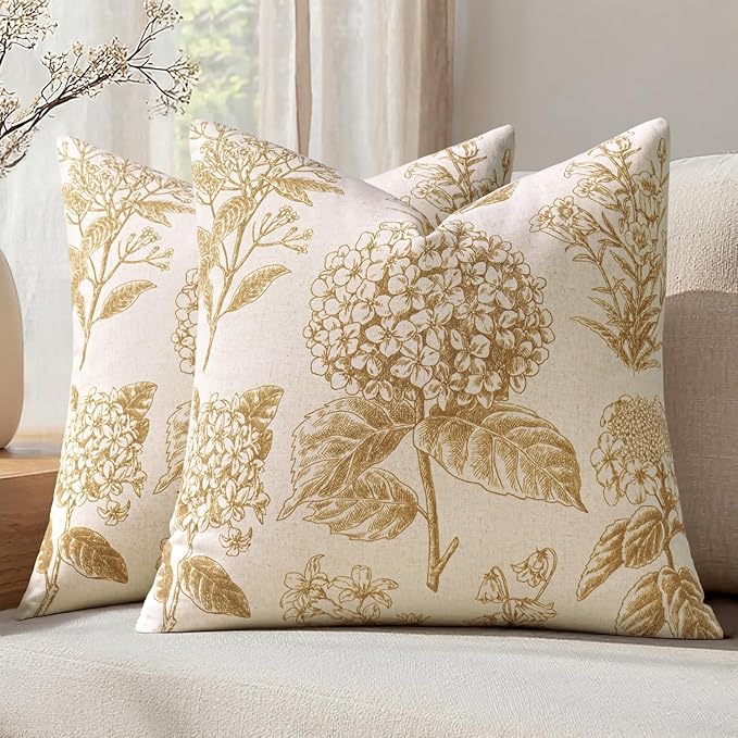 Set of 2 Decorative Floral Pillow Covers 18x18 Inch Light Yellow | Neutral by SWANCOCO