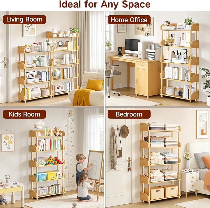 5-Tier Wooden Bookshelf, Modern Open Bookcase - Image 6